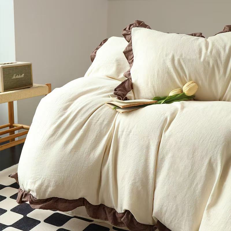 ZAKER 纯棉色织加厚超柔 双层纱布 法式花边标准床单床笠款四件套