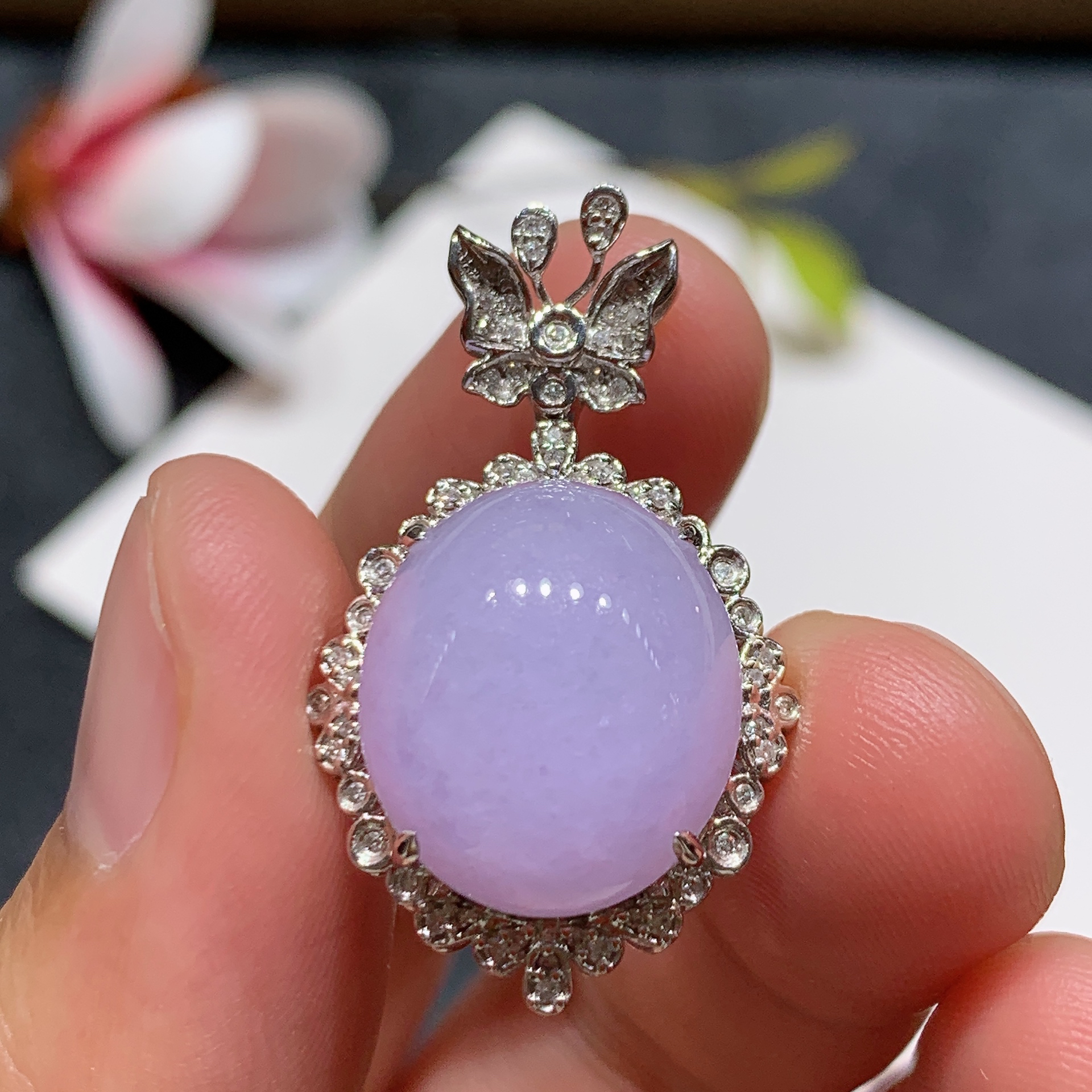 18k金天然A货翡翠精品紫罗兰粉紫蛋面吊坠