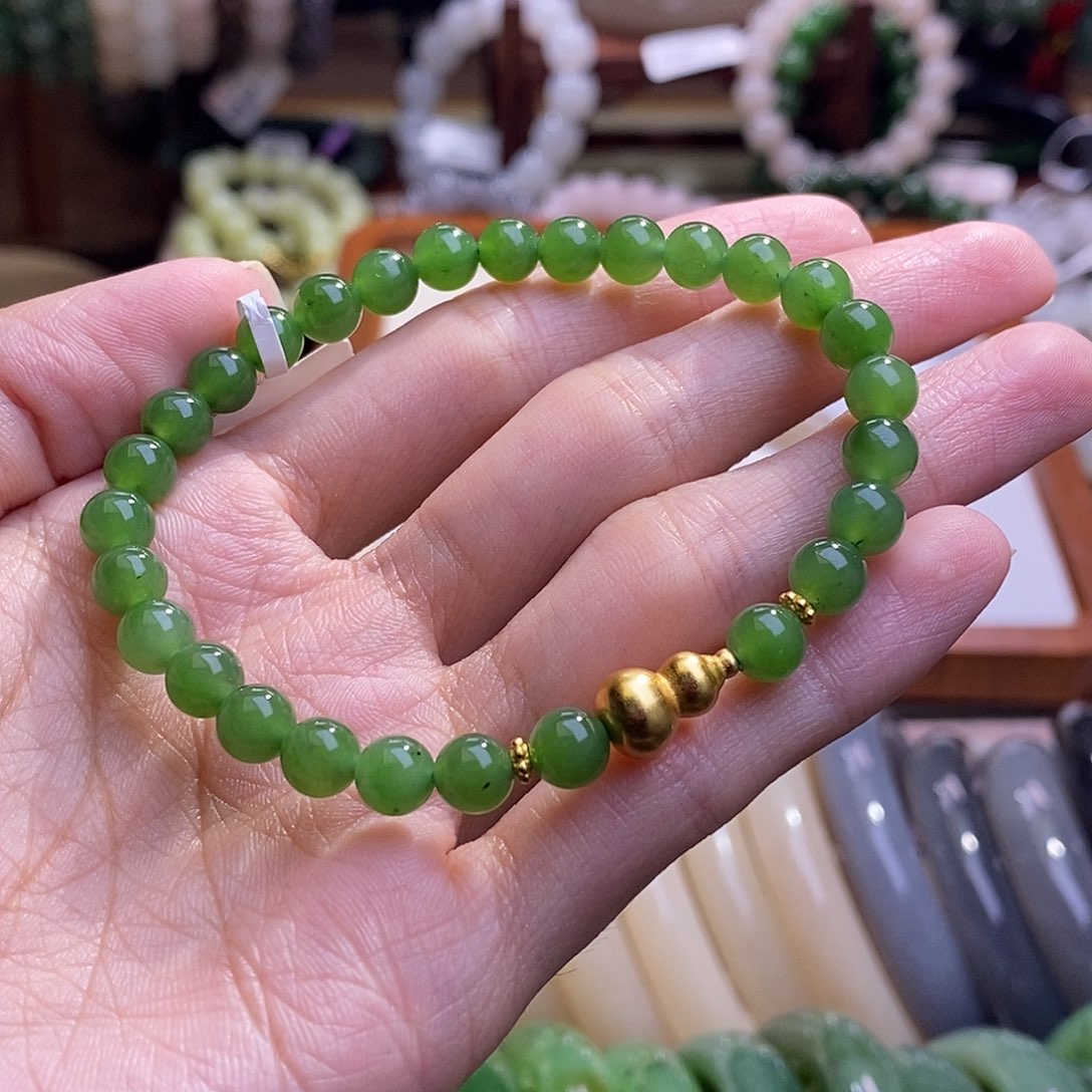 颈饰未镶嵌和田玉碧玉银镶葫芦手串6MM