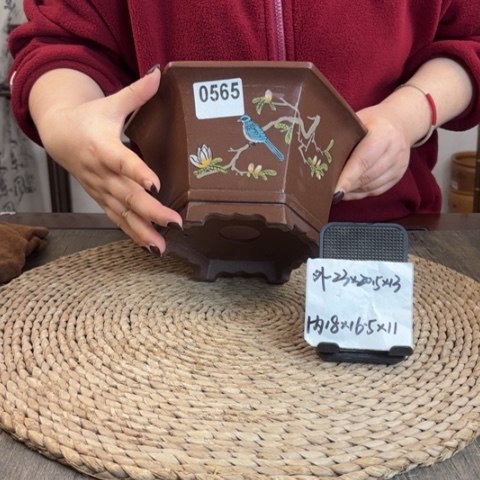 紫砂花盆紫玉金砂花鸟手绘飘口六方盆景盆0565