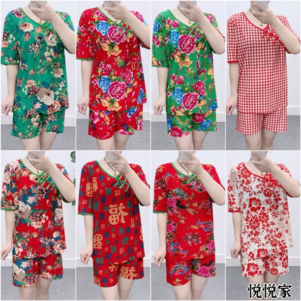 夏季新款东北大花复古盘扣网眼速干短袖短裤大码空调服睡衣女套装