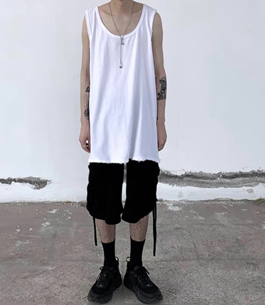 破坏磨边oversize宽松打底叠穿纯色背心美式夏季潮男女无袖T恤