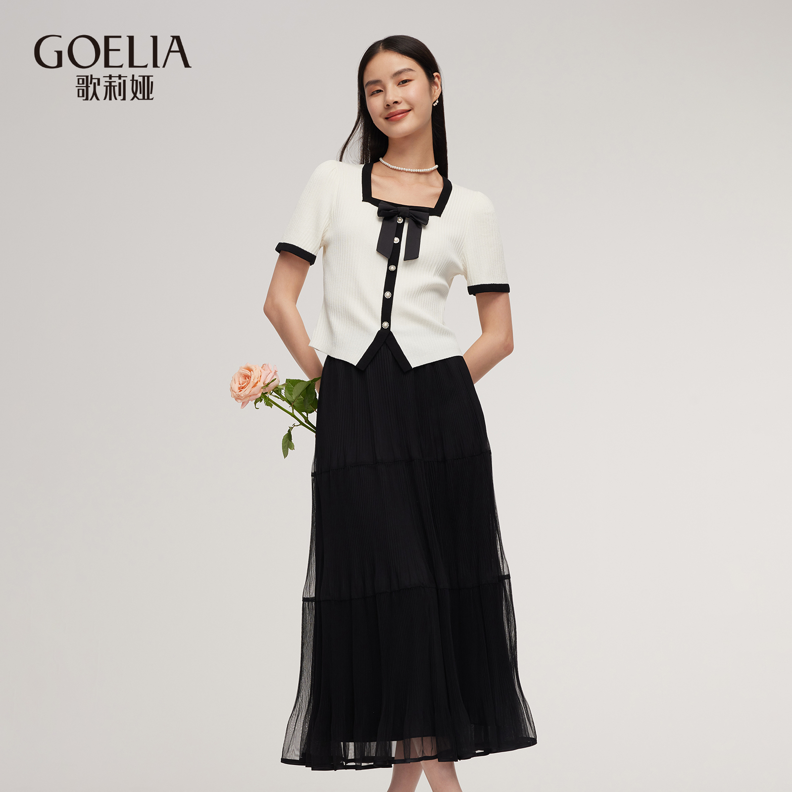 【福利款】歌莉娅学院风套装撞色上衣+网纱半裙+蝴蝶结1E8LAE0V0