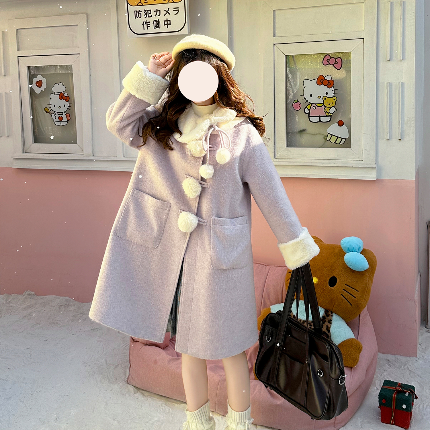 布丁熊原创JK制服紫色娃娃领毛呢外套长款可爱毛毛球装饰宽松显瘦