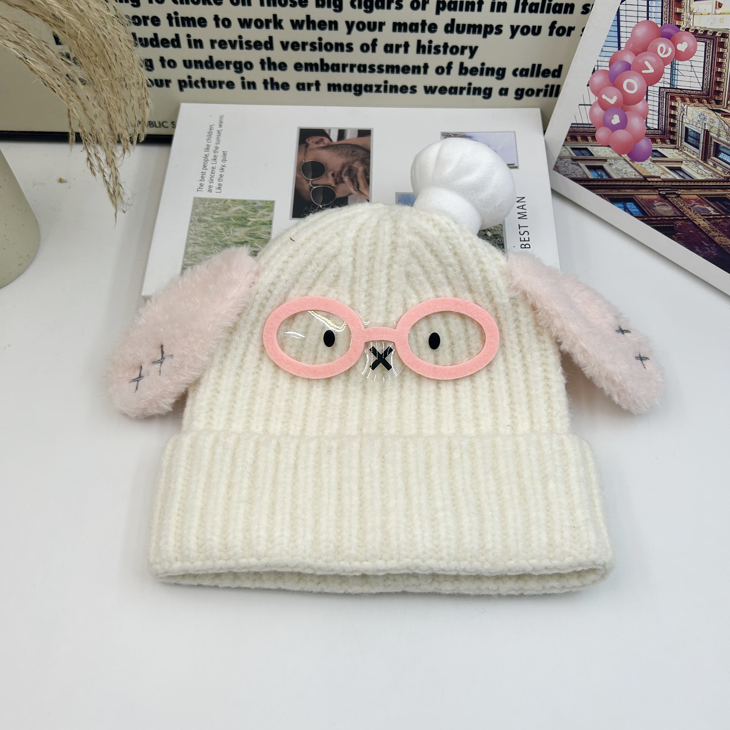 秋冬白色黄色米色针织卡通时尚女士保暖帽2025新款秋冬可爱眼镜小