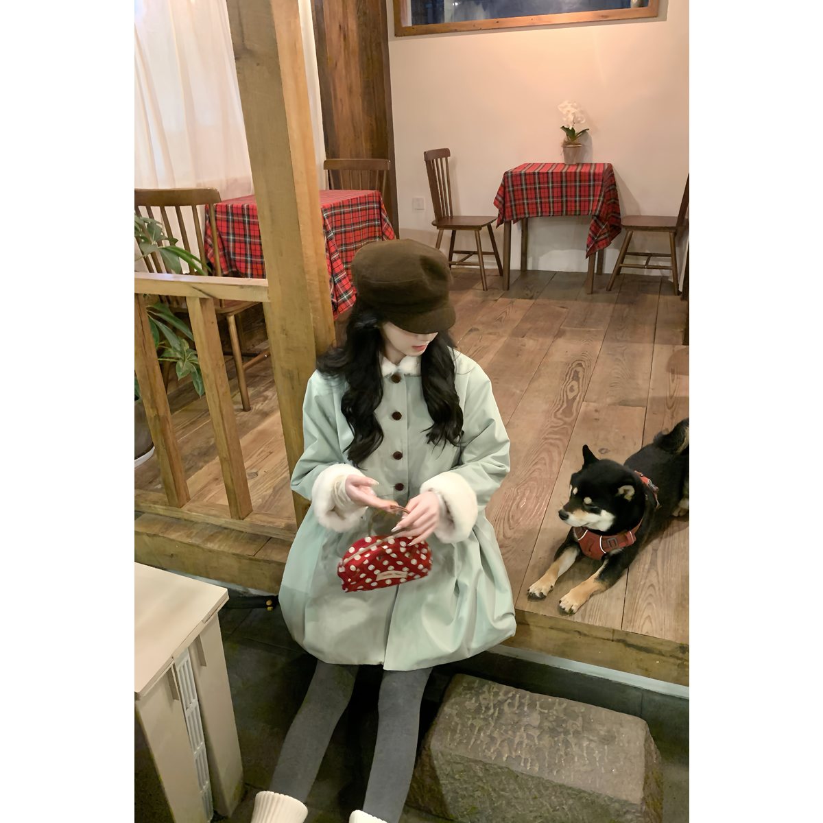 张爆爆 雾霾绿 仿兔绒娃娃衫秋冬外套女甜美毛绒娃娃领大衣