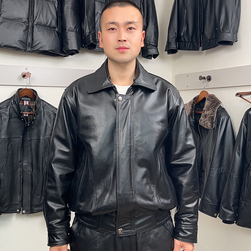 真皮皮衣男士秋冬款户外头层牛皮骑行加棉外套复古港风翻领皮夹克