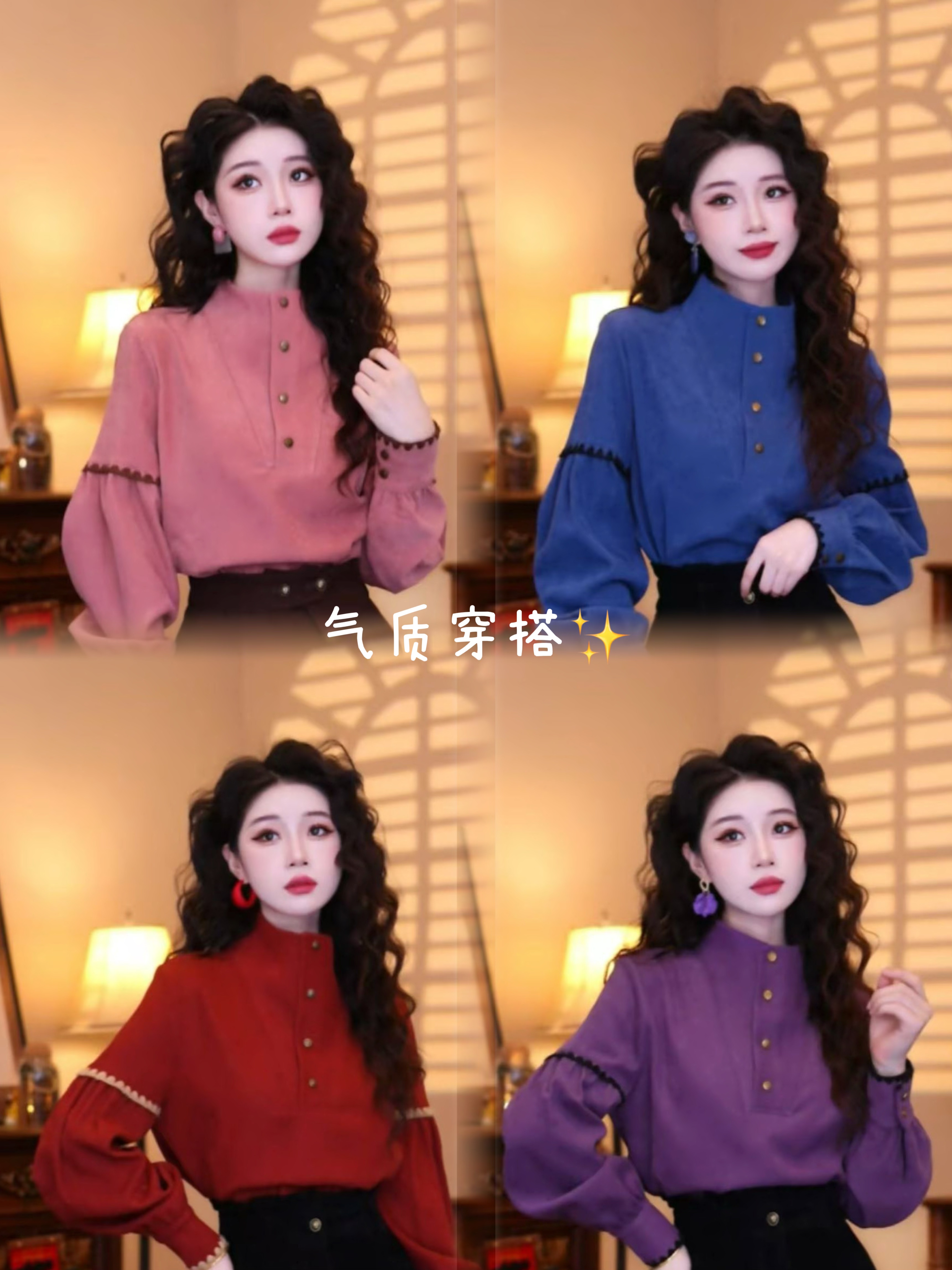 蒋肉肉【粉霜树枝】港味复古气质设计感秋冬长袖上衣03285