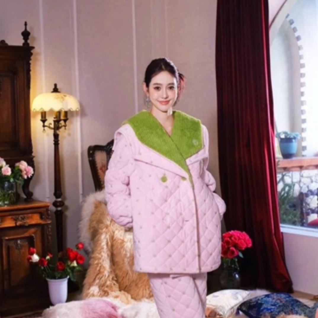 时尚奢华大毛领加绒加厚中长款冬季女家居服茜茜公主冬