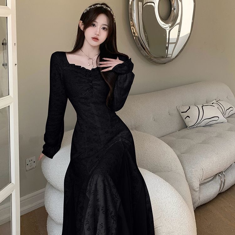 大码胖MM秋冬加厚蕾丝连衣裙女长袖打底收腰显瘦温柔风长款连衣裙