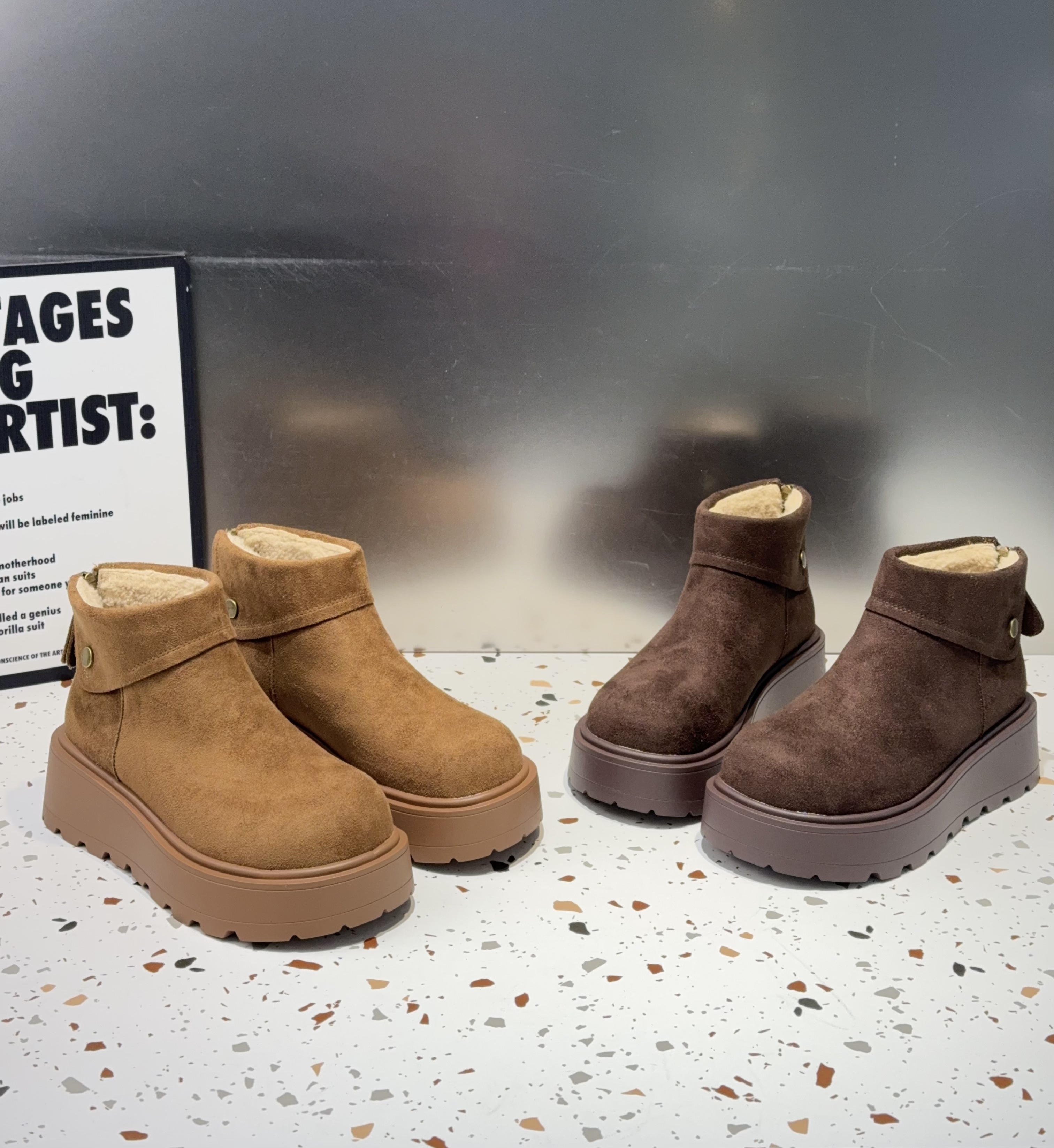 欧洲站松糕鞋女2025秋冬新款博肯反绒皮厚底加绒雪地棉短靴