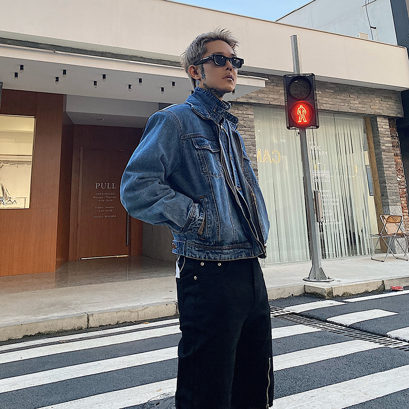 【清】白鹤大人牛仔外套情侣款秋新款宽松休闲国潮高街拉链垫肩夹克