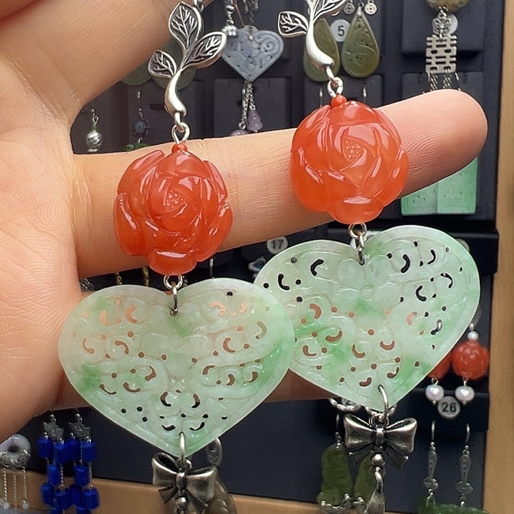 微***合翡翠银S925镶嵌耳饰