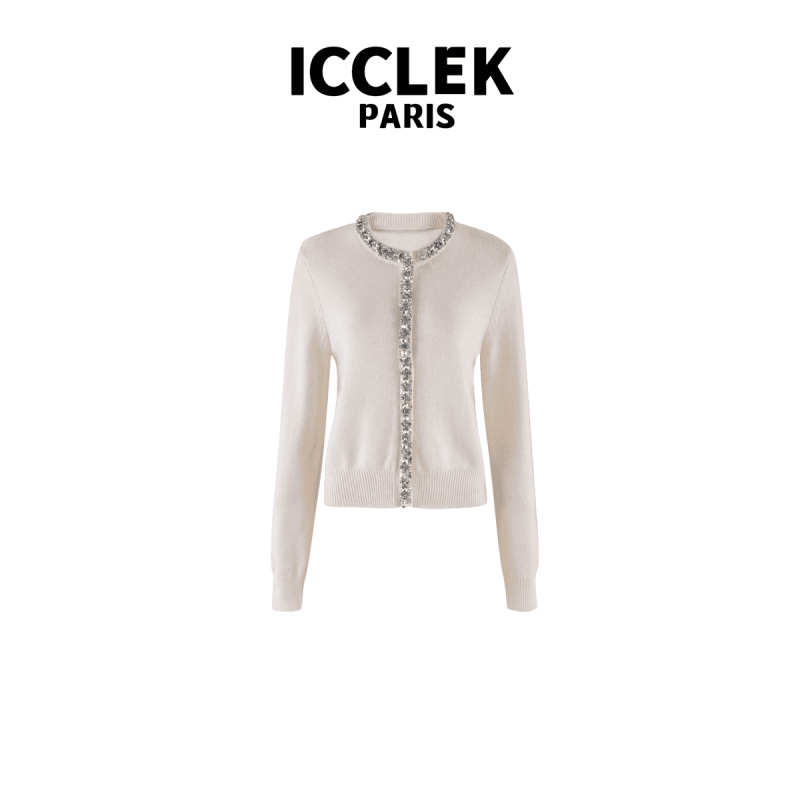 ICCLEK 白色圆领烫钻长袖针织衫 气质 轻奢 名媛 -6010