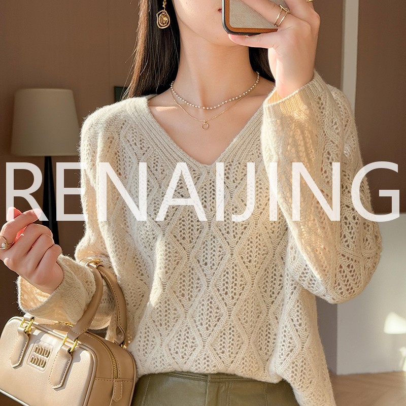 RENAIJING康赛尼A规棒针编织v领套衫针织衫宽松气质百搭上衣