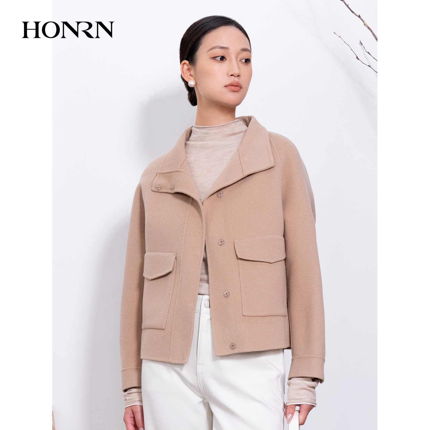 HONRN/红人休闲短款大翻领双面羊毛呢子大衣外套女秋冬HI55OD889