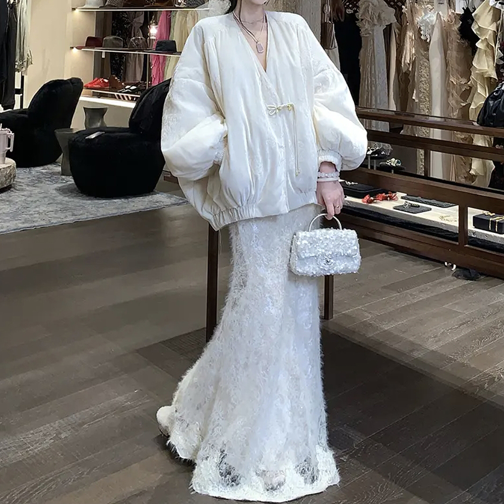 【花落蝶叙】冬季新中式原创丝绒90白鸭绒羽绒服外套女