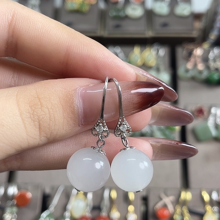 石英质玉（金丝玉）银S925镶嵌耳饰12左右