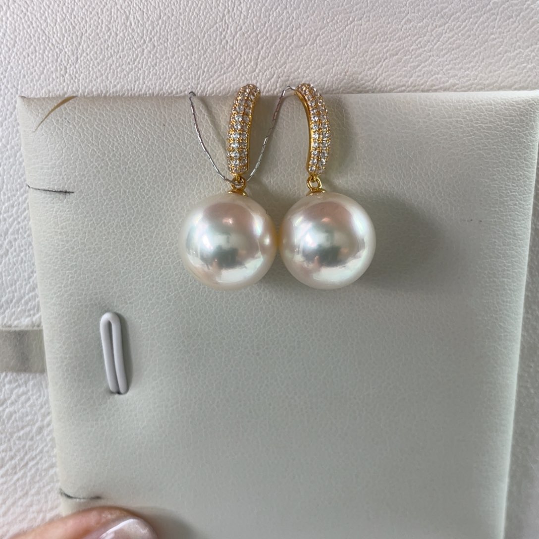 18K金镶嵌耳饰海水珍珠干枯玫瑰12-13m m