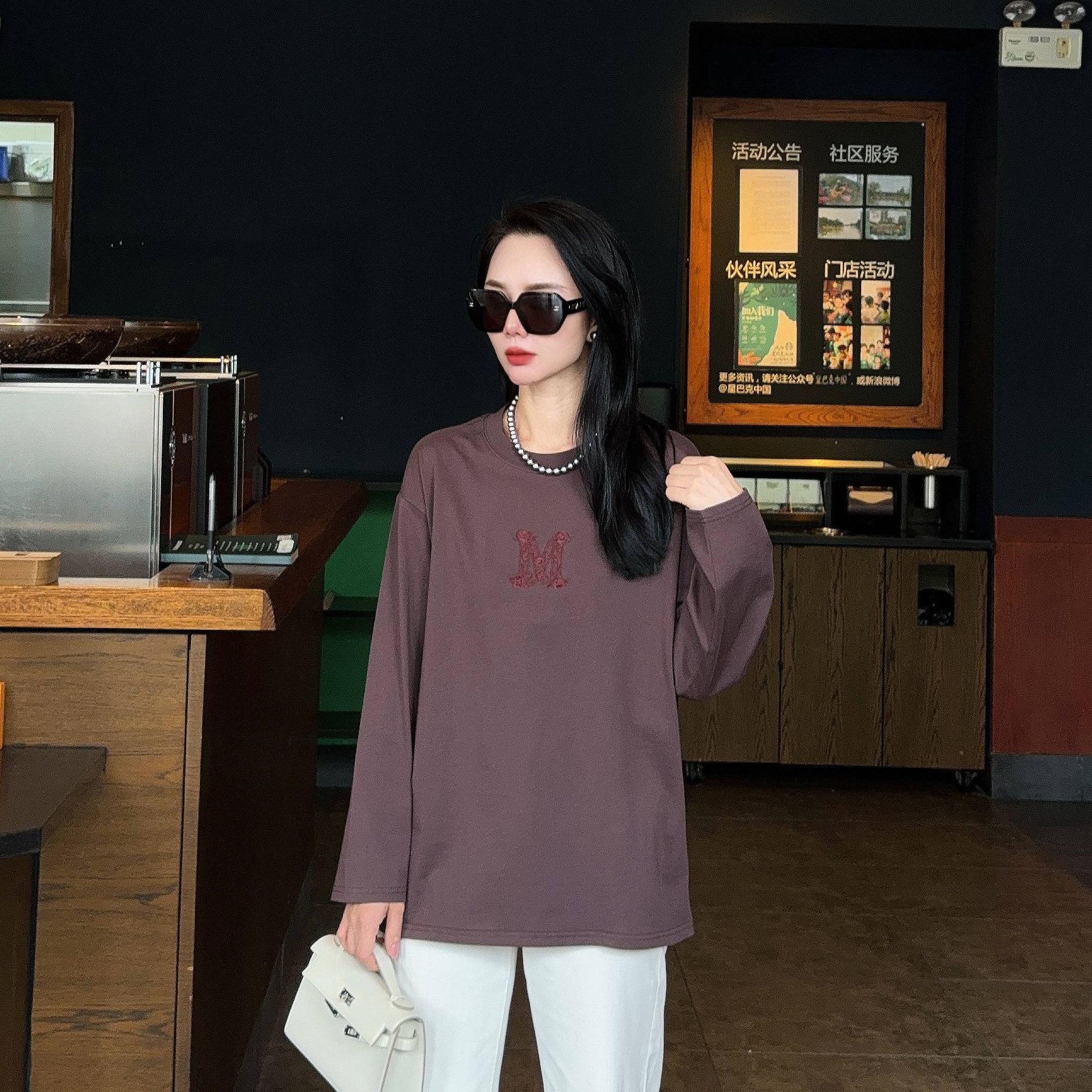 Chow&Fay -{M}240g纯棉简约时尚宽松中长刺绣T恤长袖男女同款