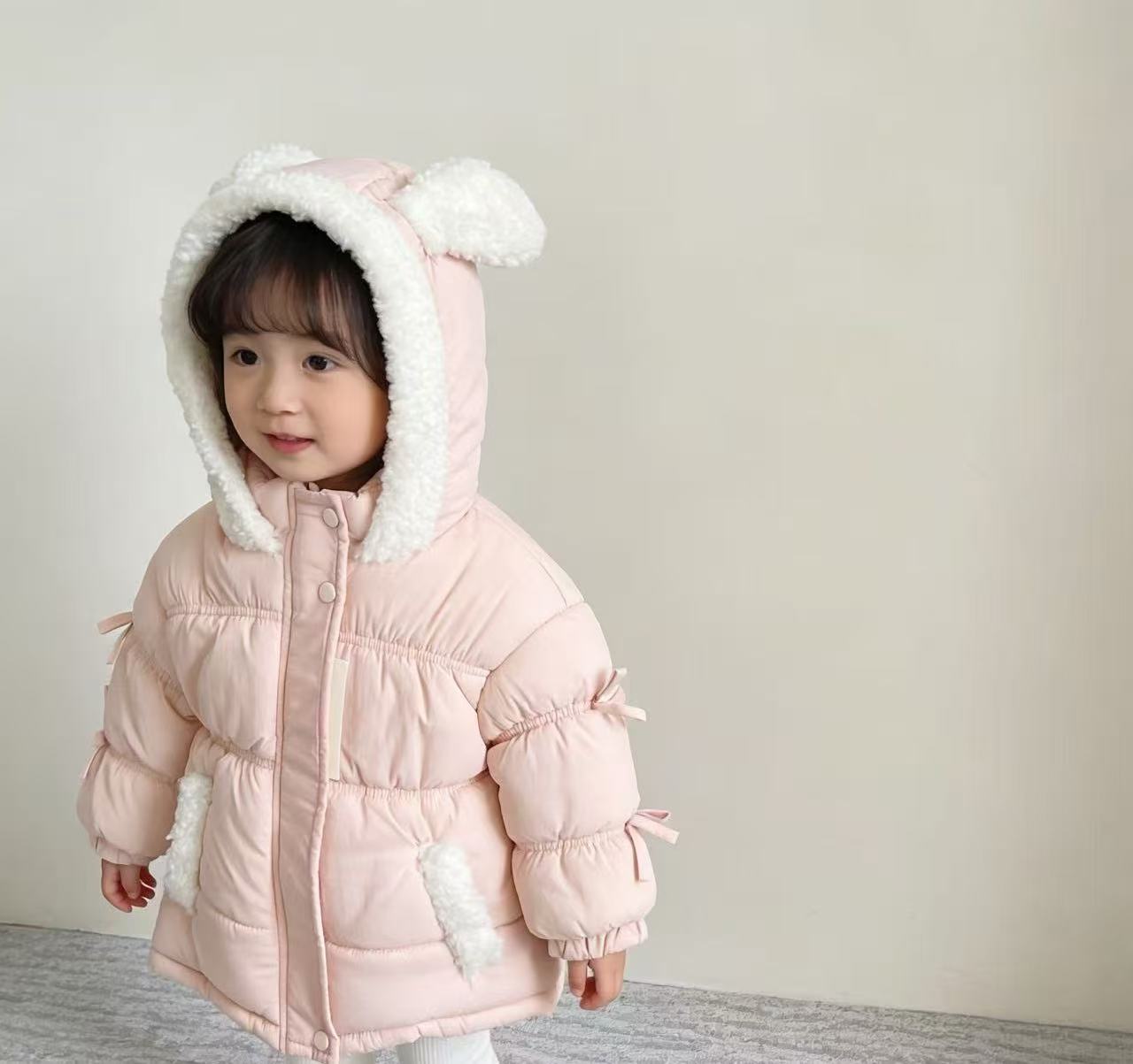 格子B类女连帽纯色休闲棉袄棉服童装加绒女宝洋气