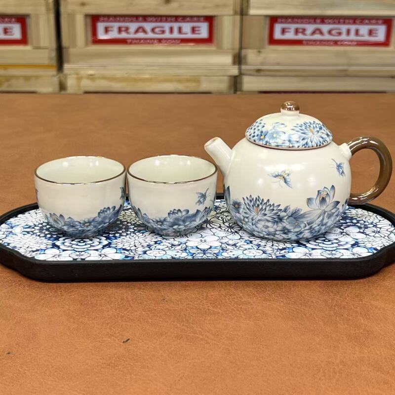 汝窑开片蝶恋花龙蛋壶茶杯套组+茶盘-0658