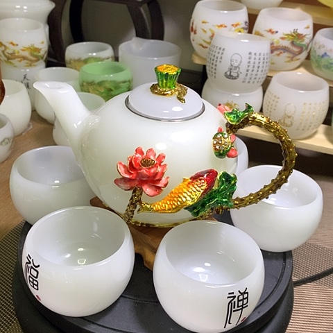 琉璃中式珐琅彩年年有余一壶六杯礼盒套装