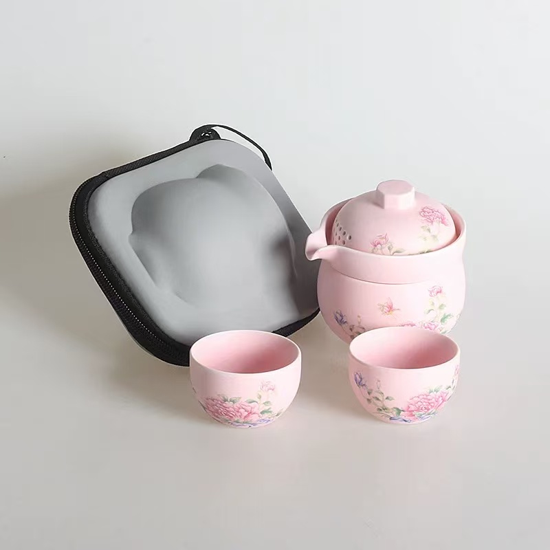 秋香茶具 粉汝牡丹盛开旅行茶具户外便携式旅行茶具-6273-0824