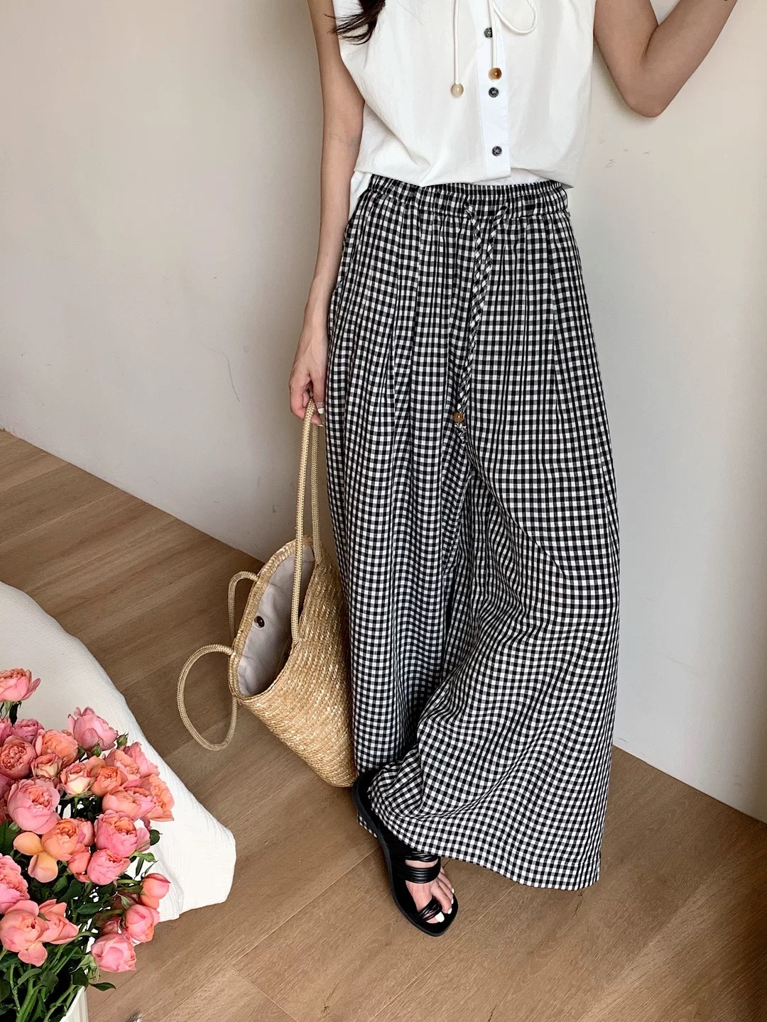 法式格子阔腿休闲裤裙女夏季欧货大码松紧高腰薄款直筒拖地裤长裤