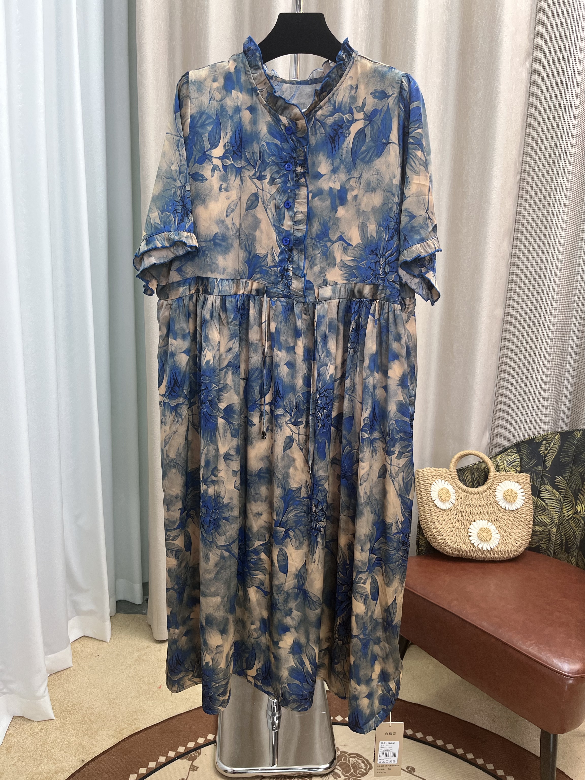 新款复古风时尚碎花收腰中长裙圆领薄款连衣裙气质-0100