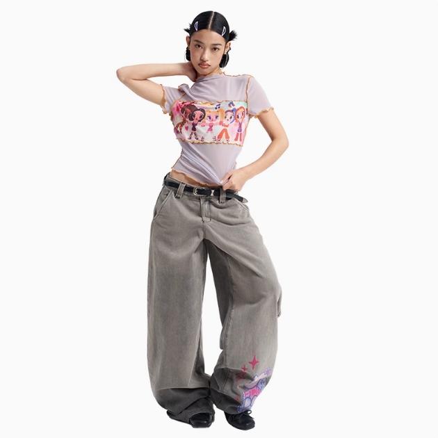  自播 iscreamcolour MOF 艺术家 印花网纱拼接T恤