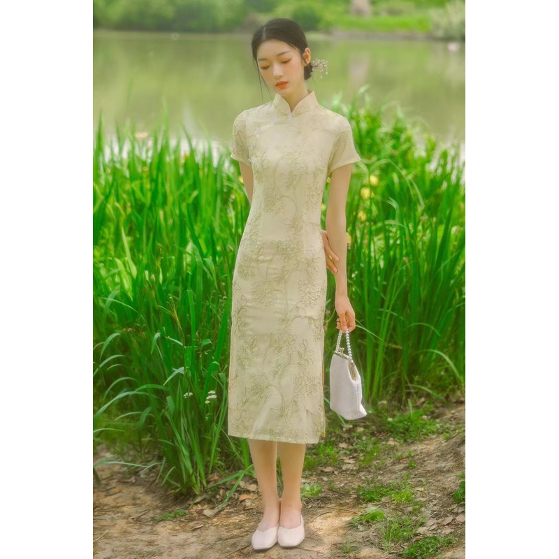 V-2362流连雪纺剪花金线绣花夏款年轻款改良旗袍115cm长款国风