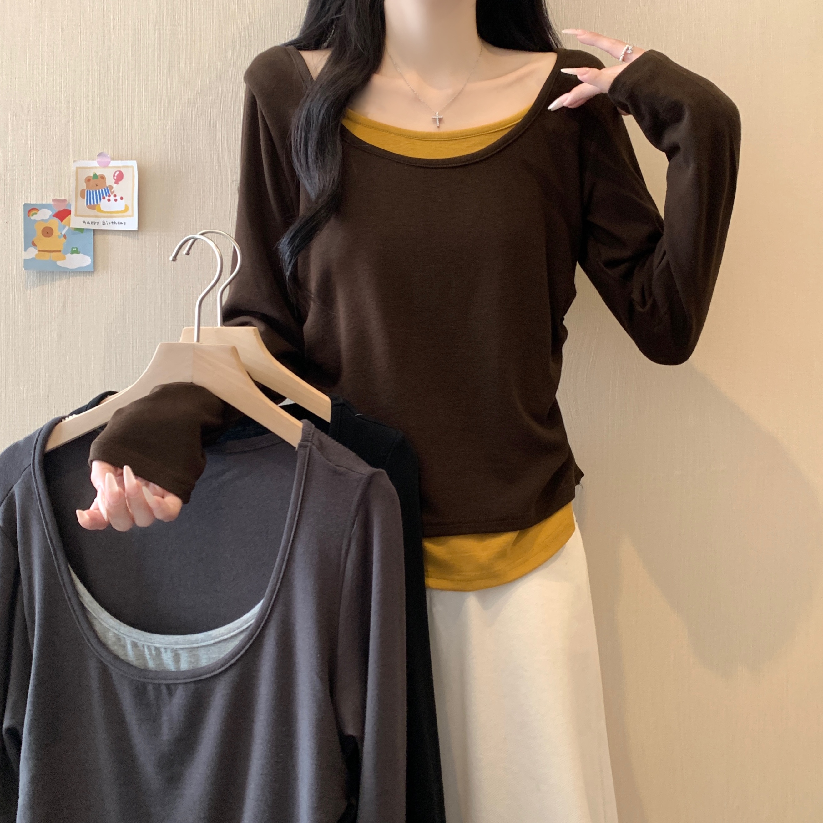 2025大码女装新款秋冬纯欲风长袖拼色假两件上衣 3788