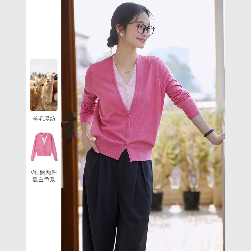 F*含绵羊毛假两件针织衫春秋款简约时尚欧若风百搭上衣73885