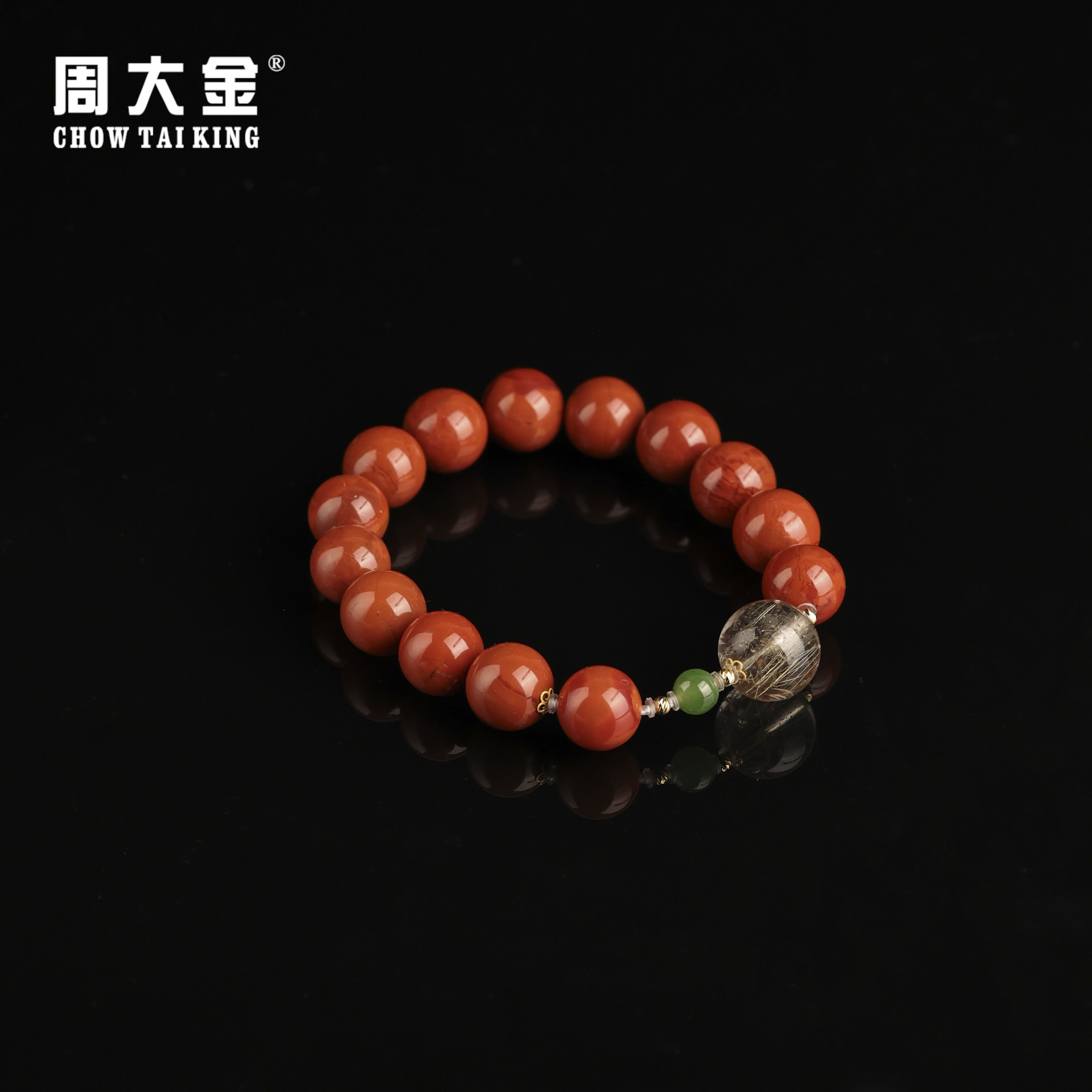【周大金玉石】18K金南红圆珠手串-S4188-鹤