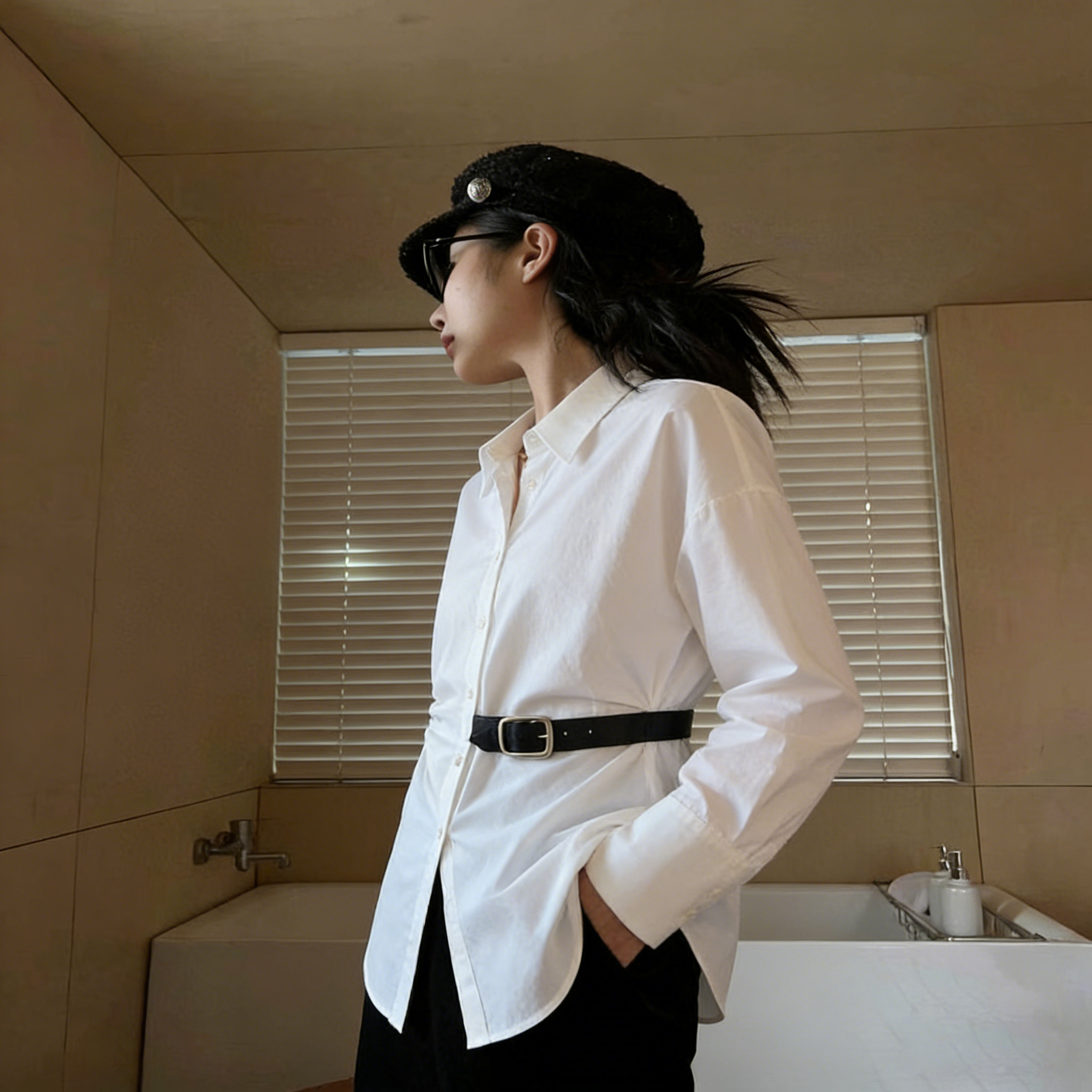 薛凯琪同款时髦设计感收腰皮扣白色衬衫休闲衬衣长袖上衣3097