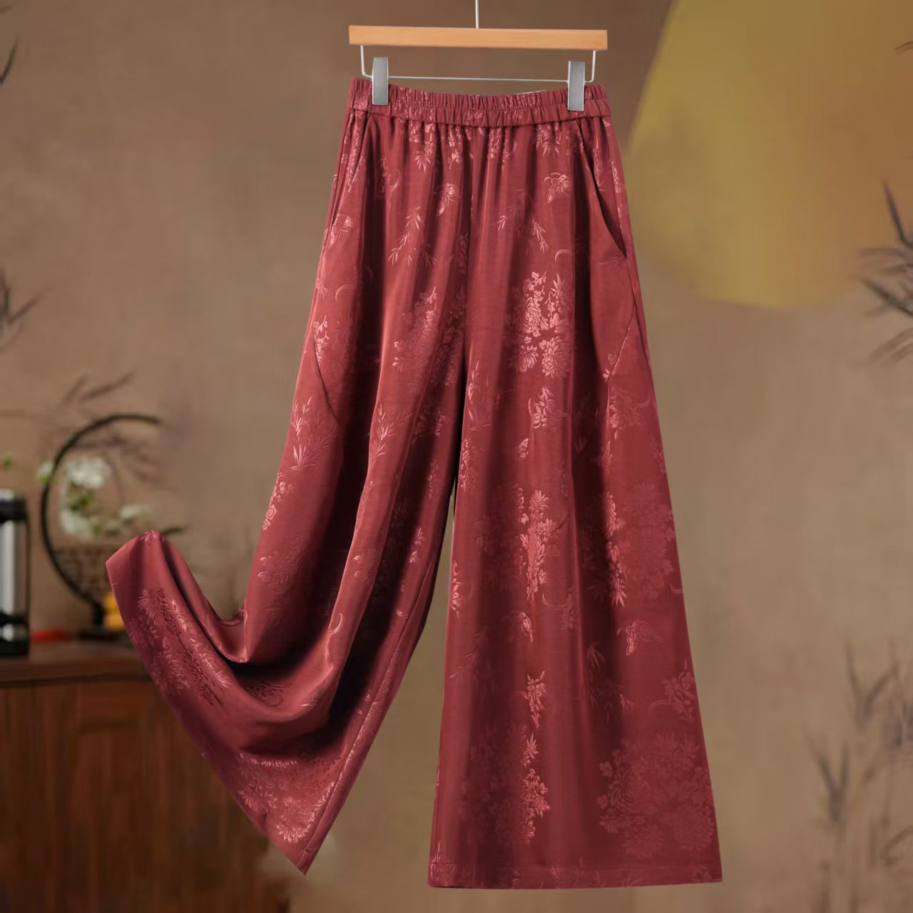 新款提花休闲时尚复古国风腰部休闲裤春夏生日快乐女装民族风百搭