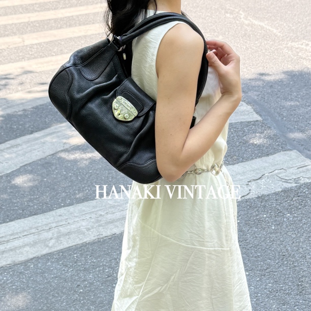 95新 Prada/普拉达 花绮中古/Prada黑色猪鼻子元宝单肩包/95新