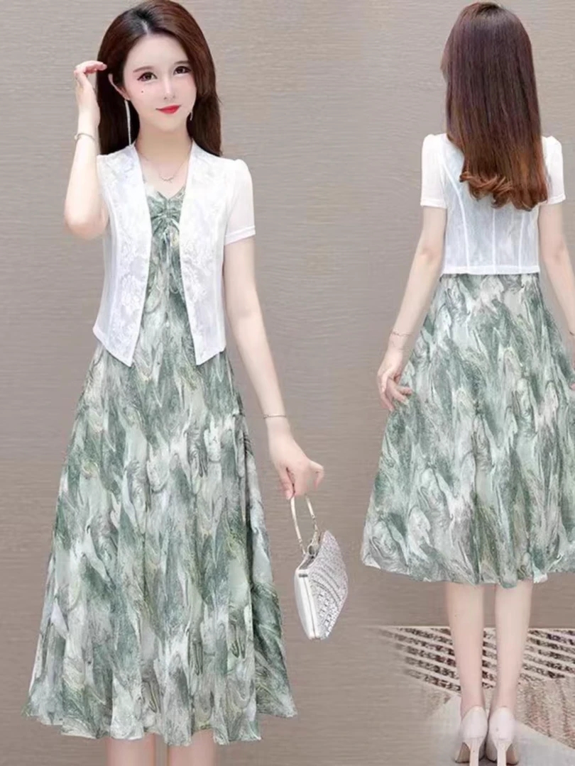 H034碎花连衣裙两件套2025夏季新款贵夫人洋气妈妈短袖裙子优雅