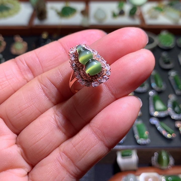 和田玉猫眼葫芦戒指银S925镶嵌