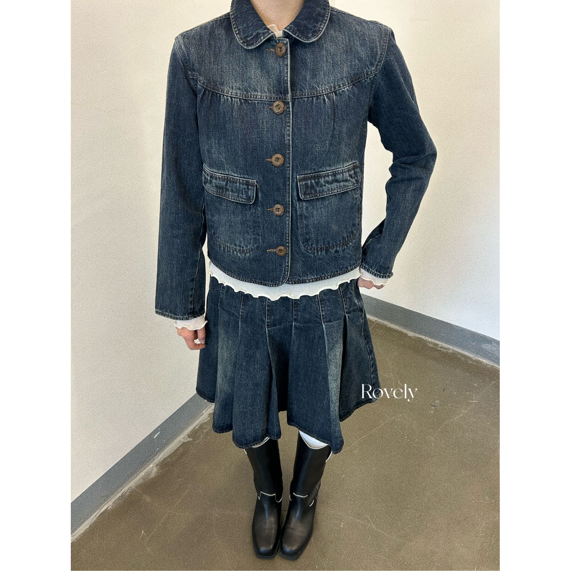 Rovely【coy牛仔套装】水洗牛仔做旧百褶裙翻领外套套装