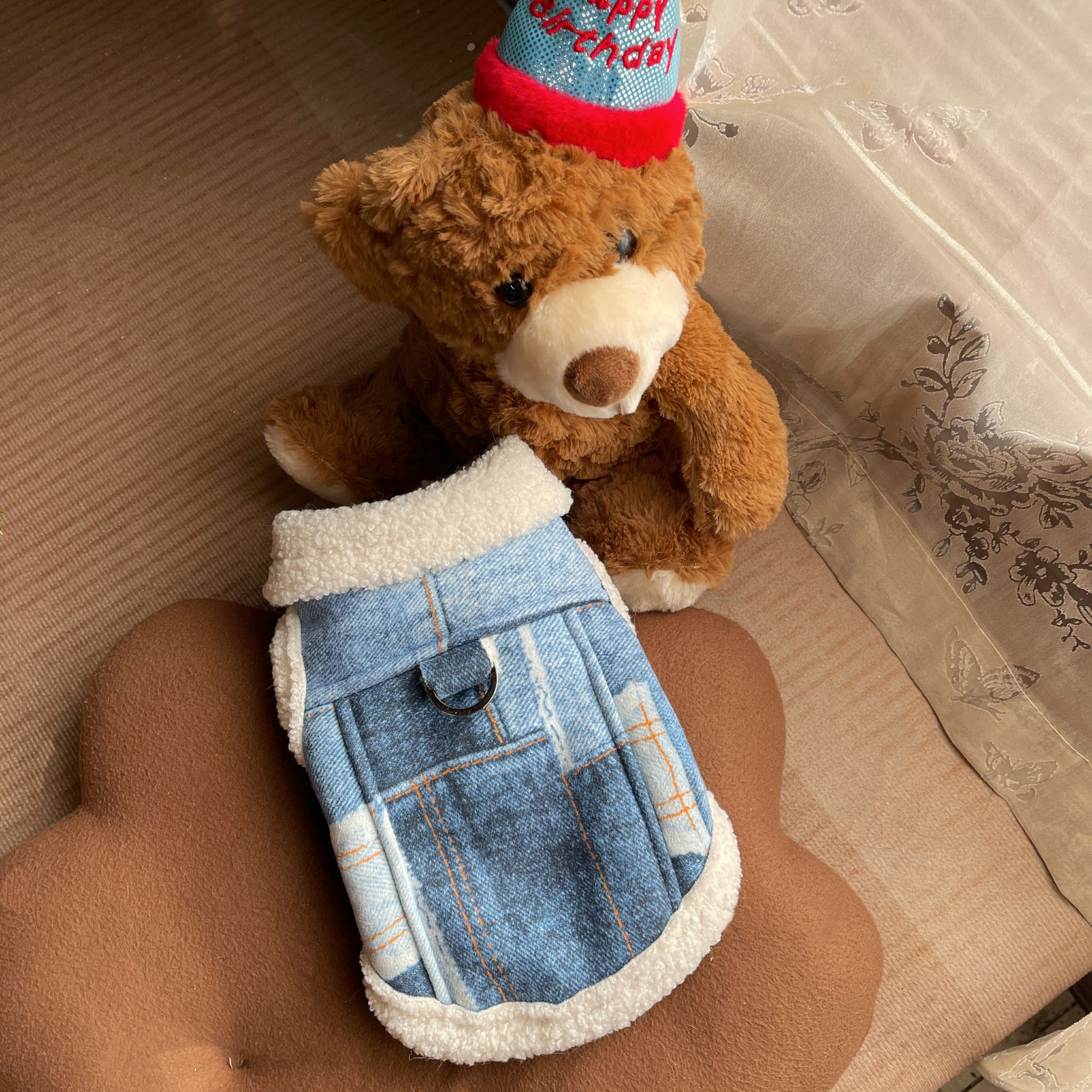 秋冬牛仔皮毛一体酷酷机车风狗狗加绒马甲外套牵引衣服猫咪衣服