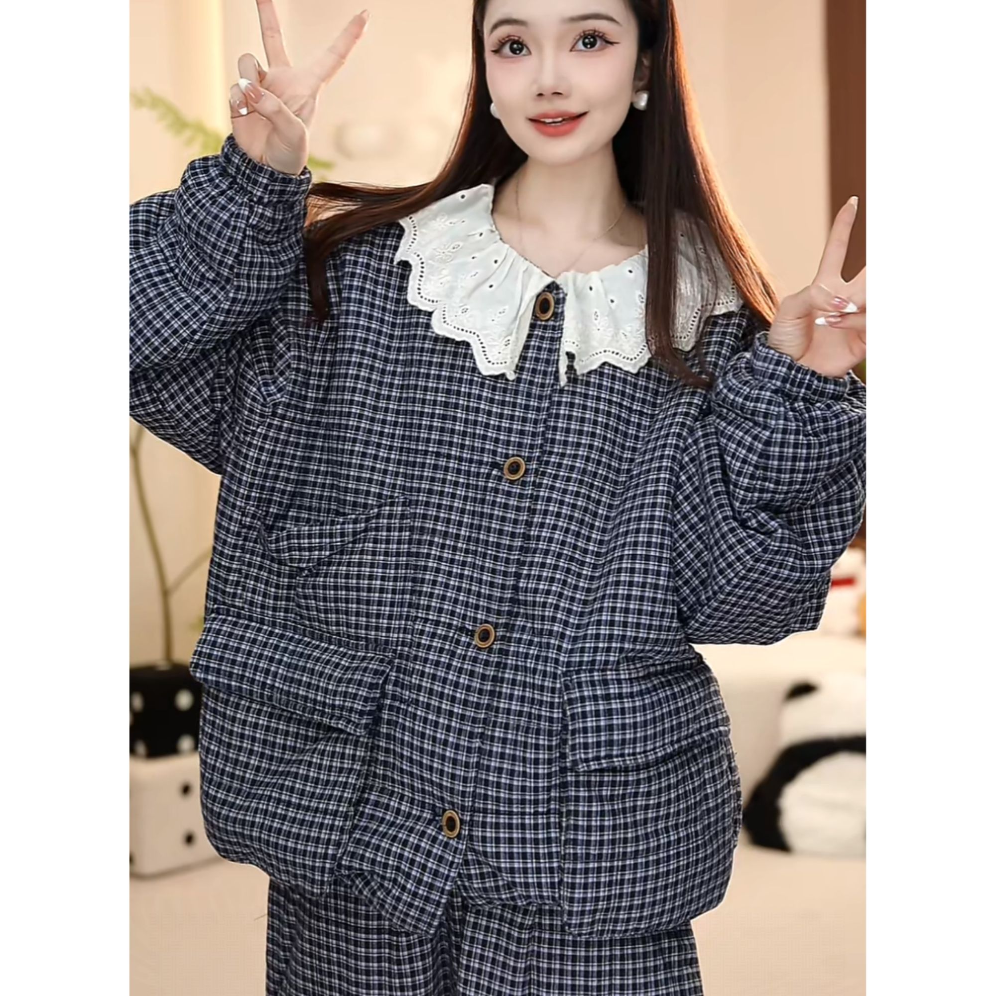 【超保暖】三层夹棉可外穿时尚冬季家居服加绒加厚睡衣套装