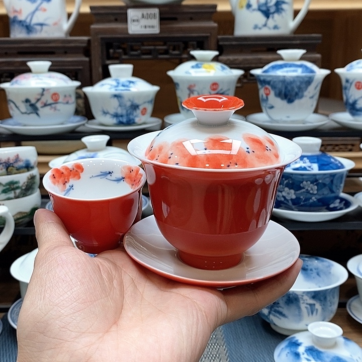 手绘龙船花盖碗160cc➕同款杯子釉下彩微瑕福利款