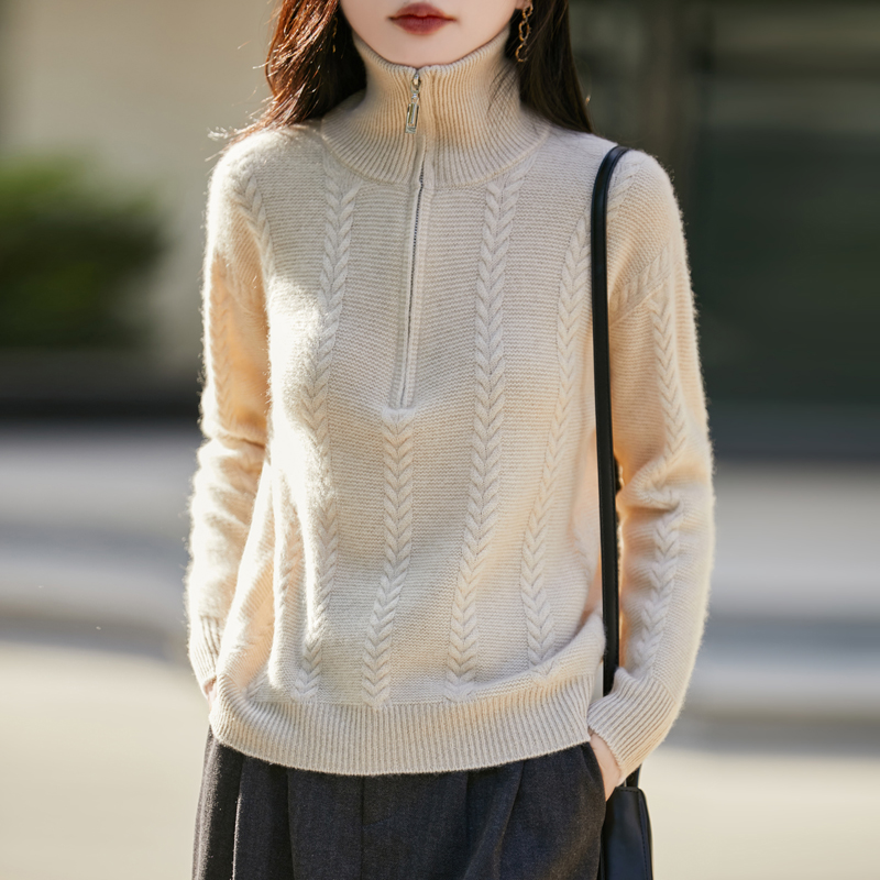 【一线成衣】100羊毛衫加厚麻花半拉链翻领女百搭针织套头羊毛衫