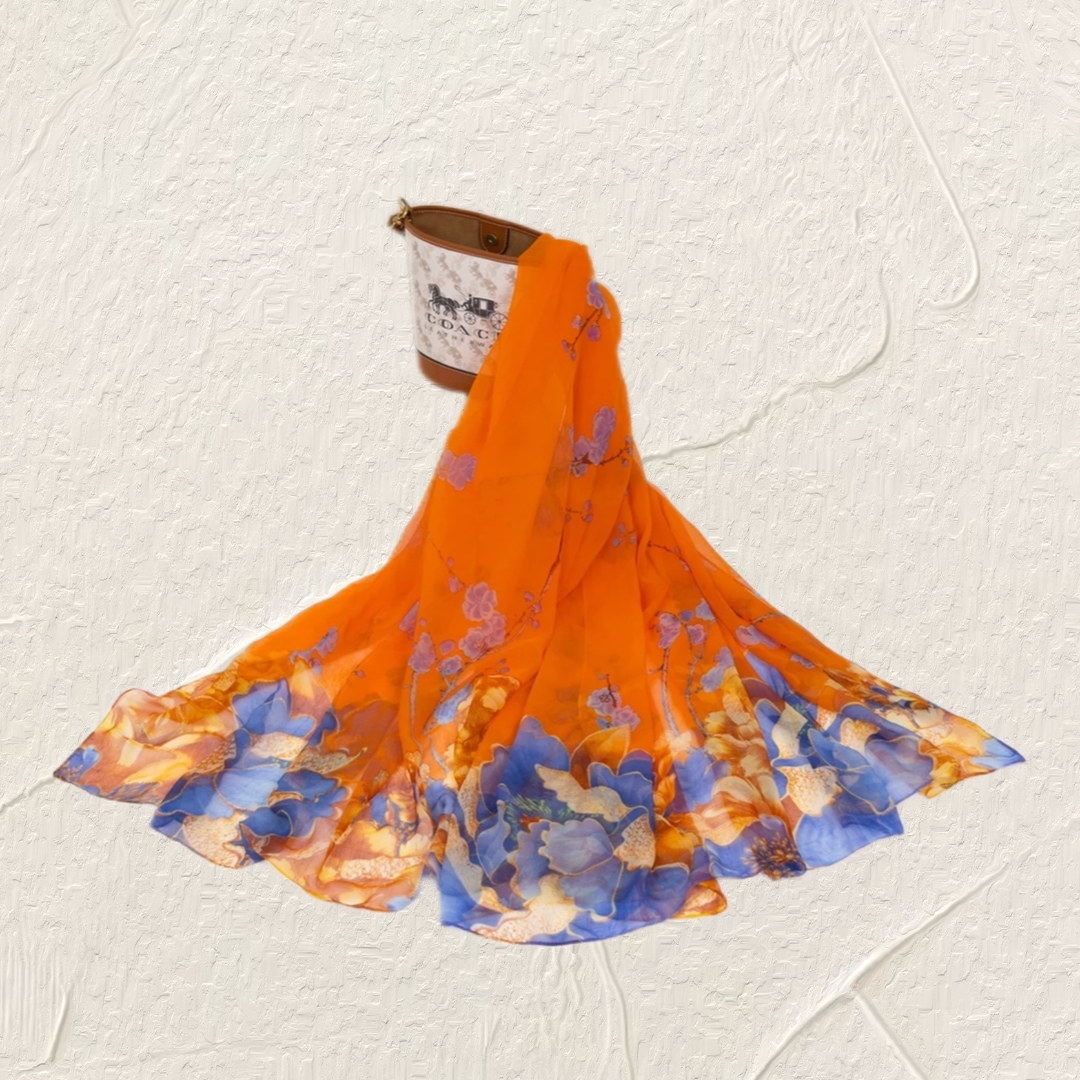  秋冬围巾鳄鱼皱140*180橘色富贵牡丹夏季沙滩巾遮阳防晒女丝巾