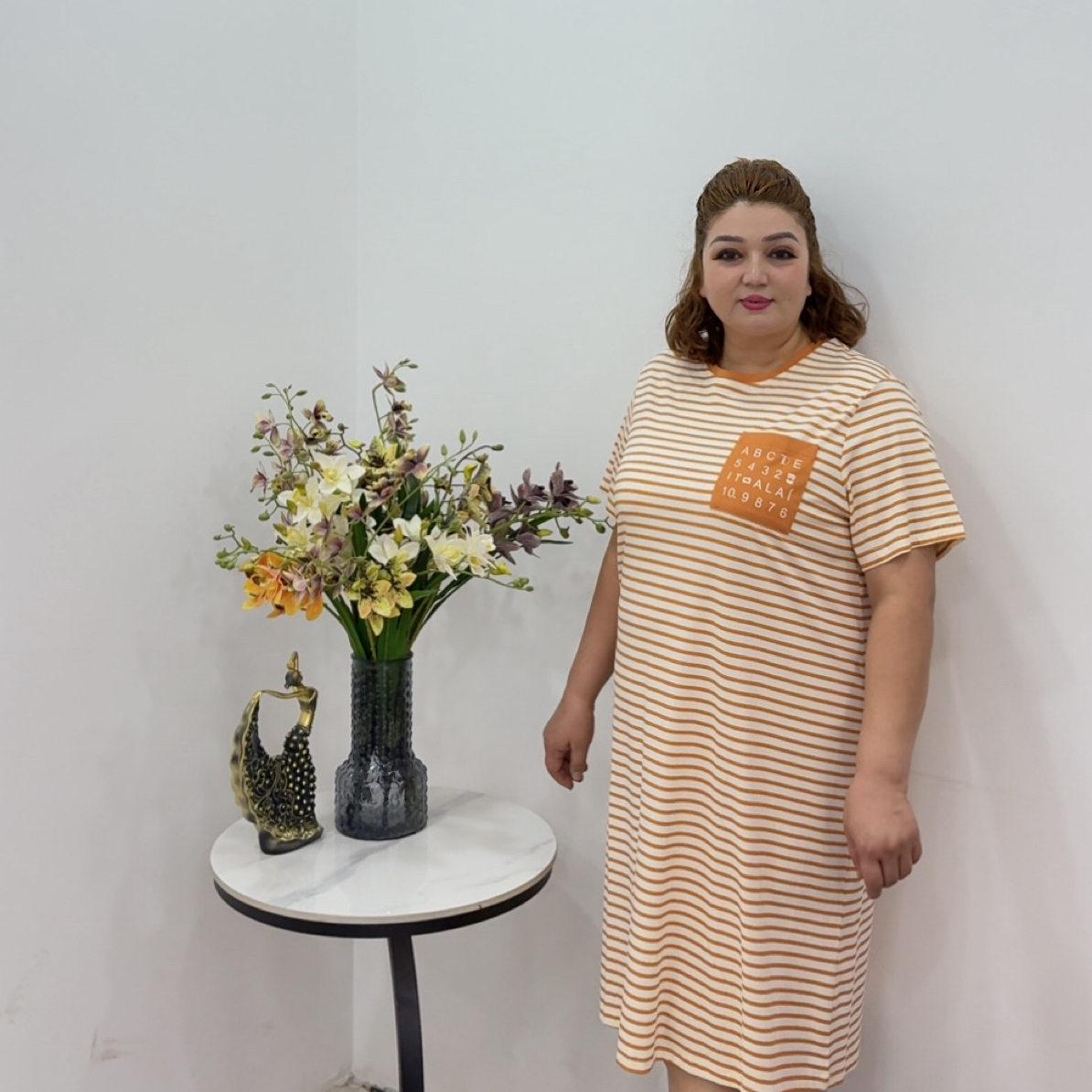 女士夏季短袖条纹卡通宽松睡裙家居服