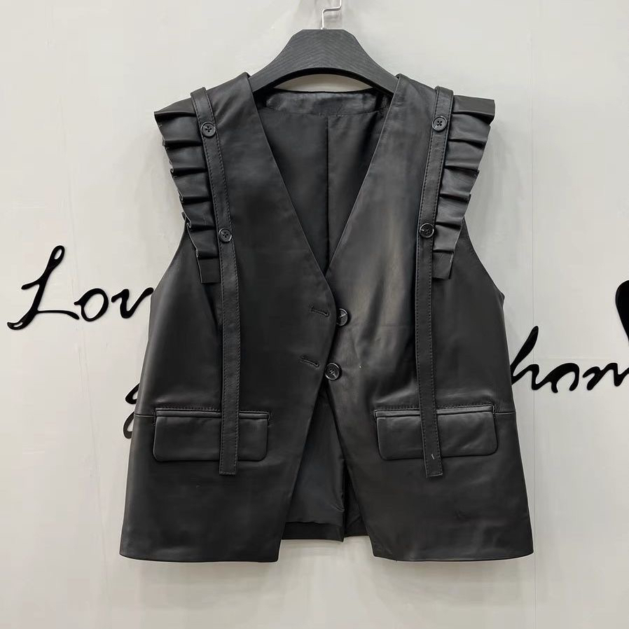 秋季新款气质木耳边真皮马甲背心外套女宽松休闲绵羊皮无袖上衣