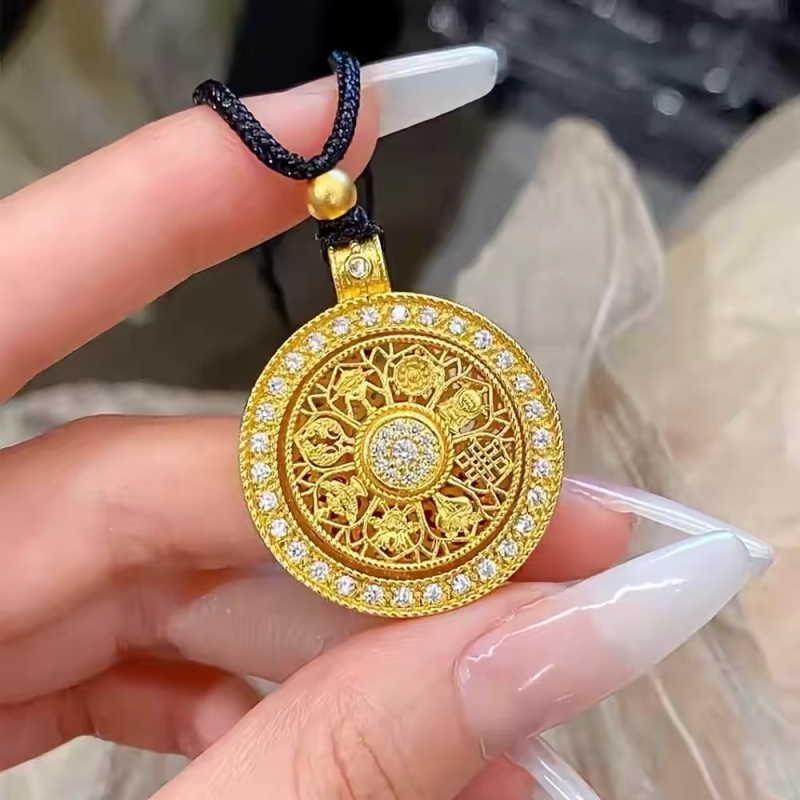 古法仿真黄金镶钻可转动八罗宝盘吊坠女编绳平安扣项链