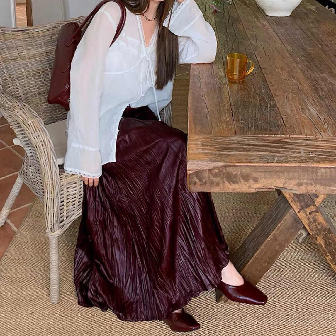 大码水洗皮万能腰显瘦遮肉A字褶皱半身裙9115